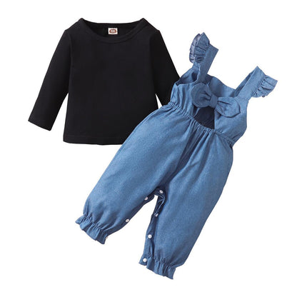 Baby Girls 2PCS Outfits Long Sleeve Round Neckline Tops Overall Pants Set Black 22106403