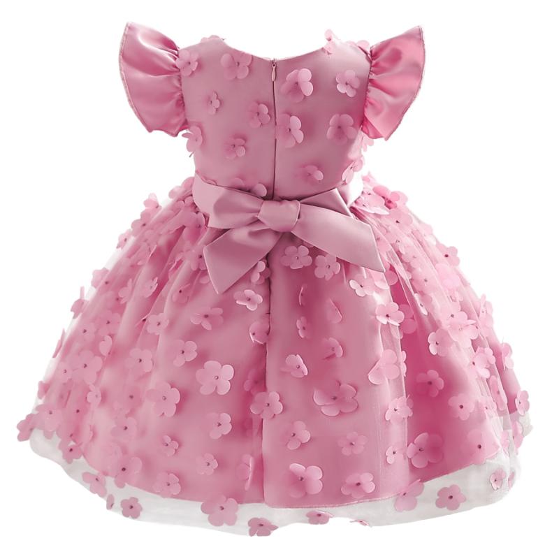 Baby Girls Princess Dress Embroidered Ruffle Sleeve Gazue Party One Piece Performance Dress Pink 2916