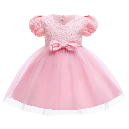 Girls Dress New Short Sleeve Children's Wear Birthday Princess Dress Puff Sleeve Mesh Dress2359