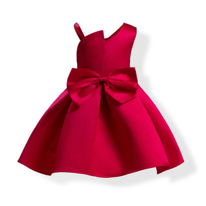 Toddler Baby Girls Princess Dress Solid Color Solid Color One-shoulder Bow Dress 1PCS Princess Dress Red 1764R