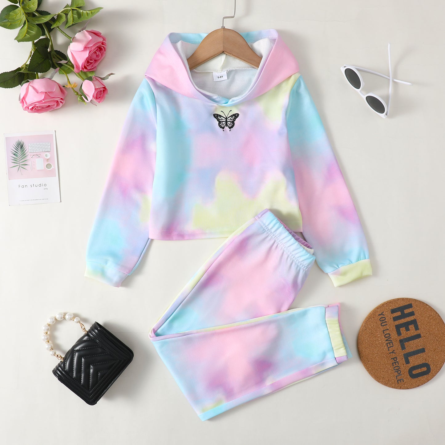 Baby Clothes Baby Outfits Multicolor Butterfly Print Hoodie Pants 2PCS Black Suit 132206013