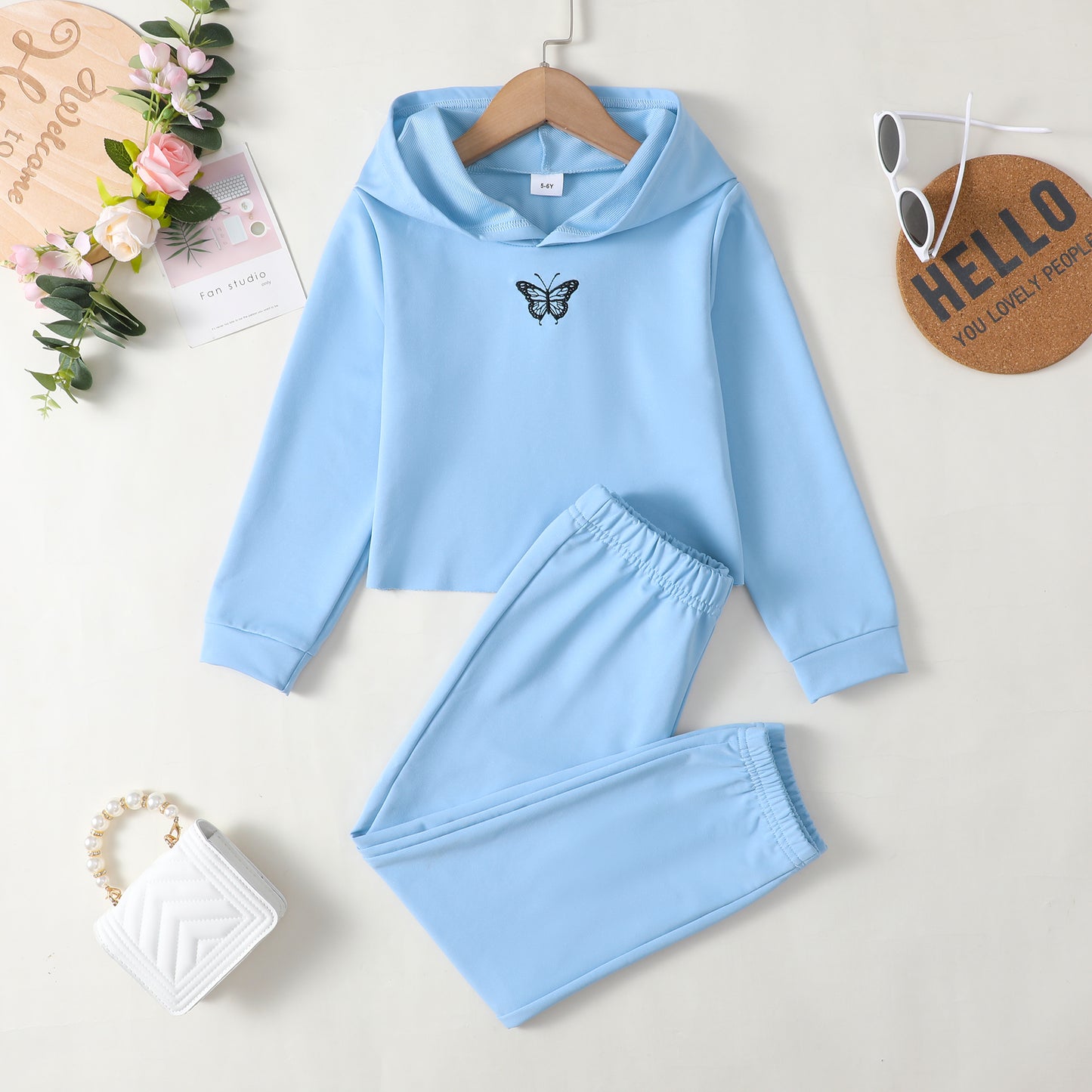 Baby Clothes Baby Outfits Butterfly Print Hoodie Pants 2PCS Black Suit F132205003