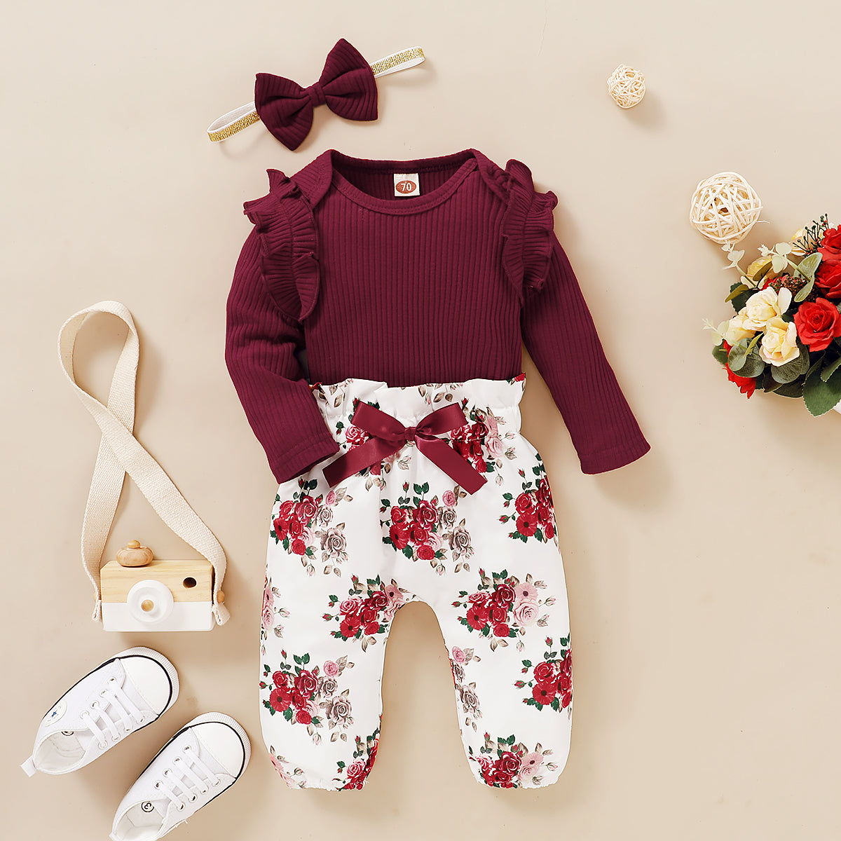 Baby Girls Outfits Red Color Romper Top Rose Print Pants Headband 3Pcs Winter Clothes Set MOYMX2006064-3