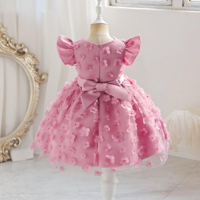 Baby Girls Princess Dress Embroidered Ruffle Sleeve Gazue Party One Piece Performance Dress Pink 2916