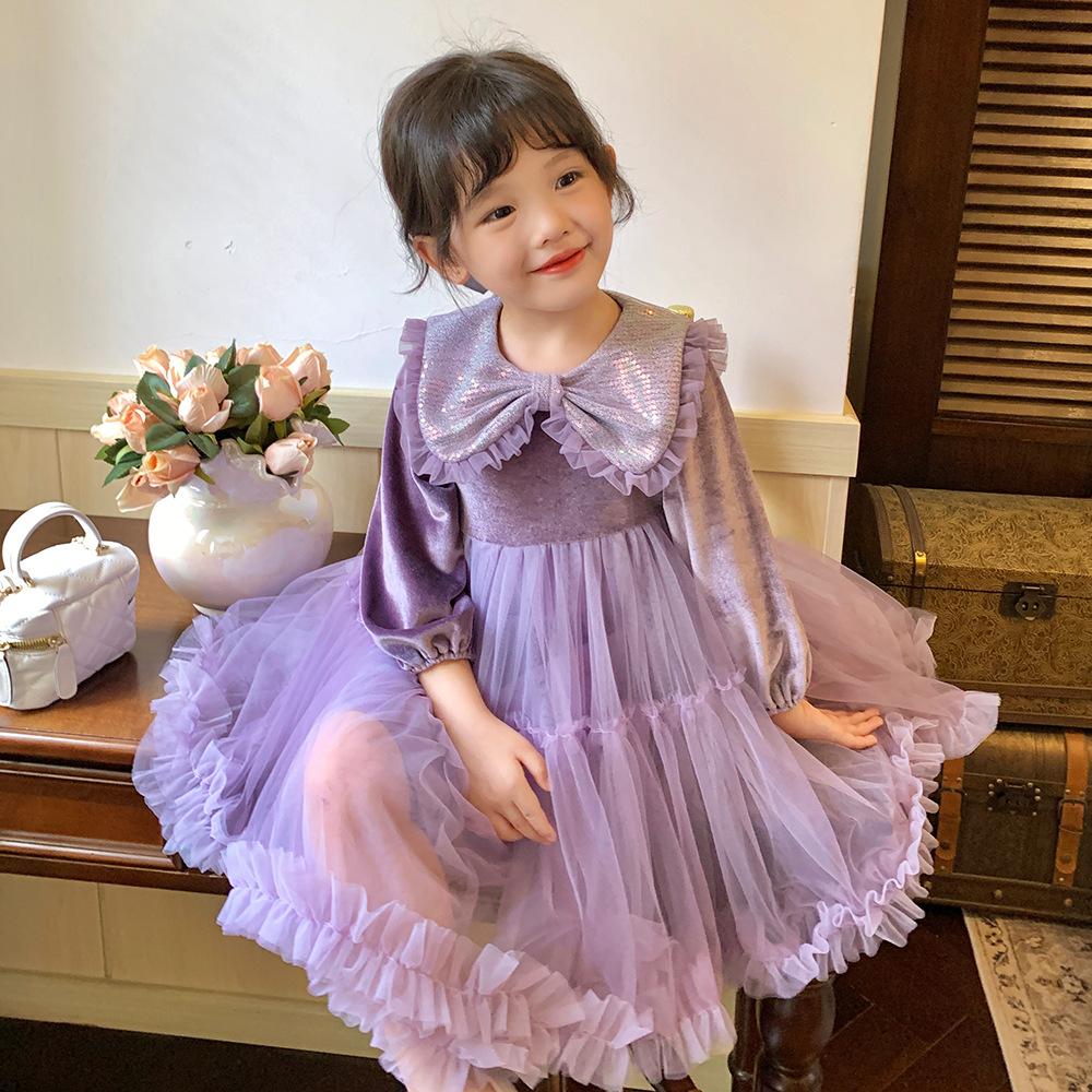 Baby Girls Ins Style Long Sleeve Princess Dress Puffy Dress Purple 2259