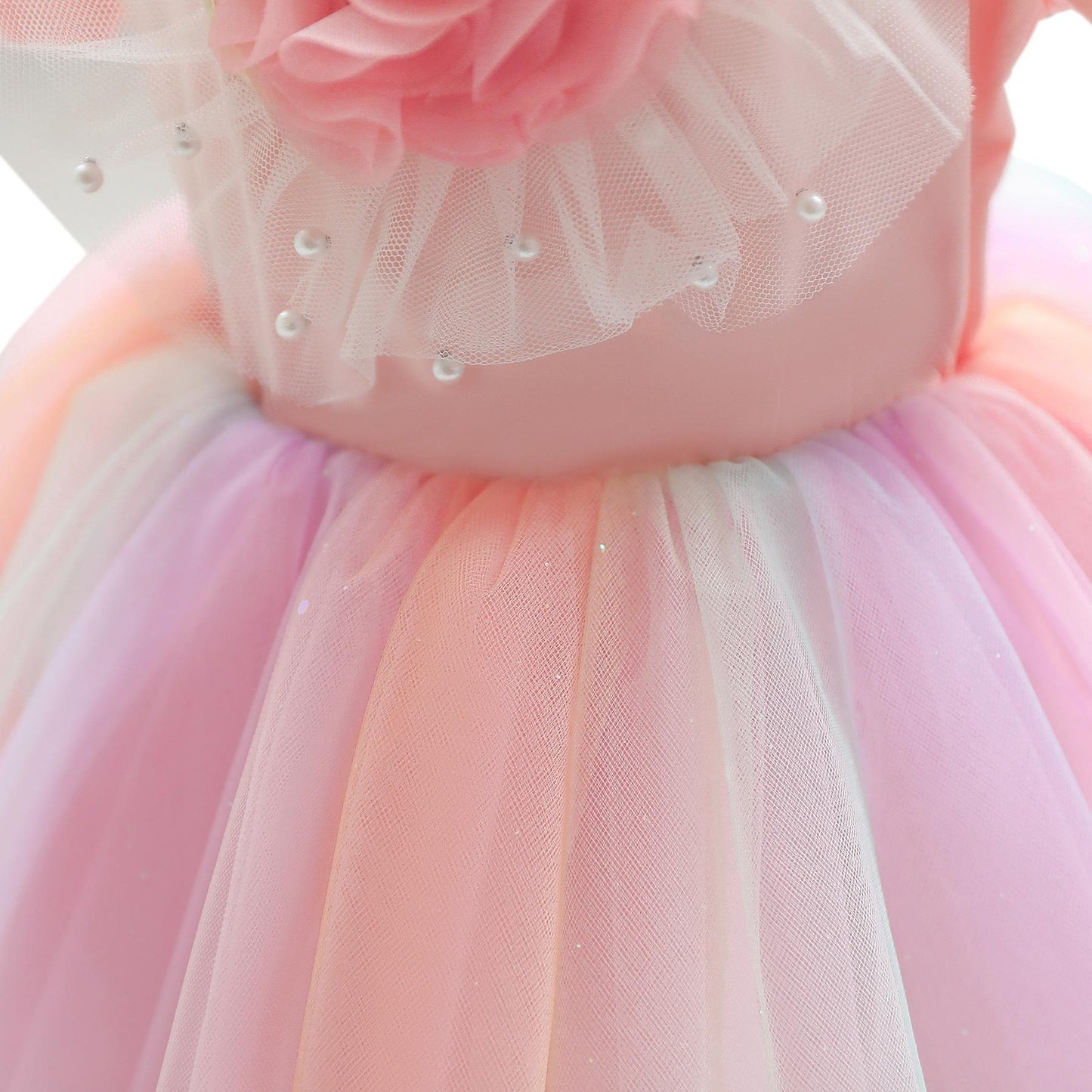 Girls Dress Summer Short Sleeve Pink Cotton Rainbow Puffy Mesh Princess Dress