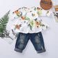 Baby Girls Outfits Floral Print Long Sleeve Round Neck Top+Ripped Jeans Pants 2Pcs Clothes Set White 197279