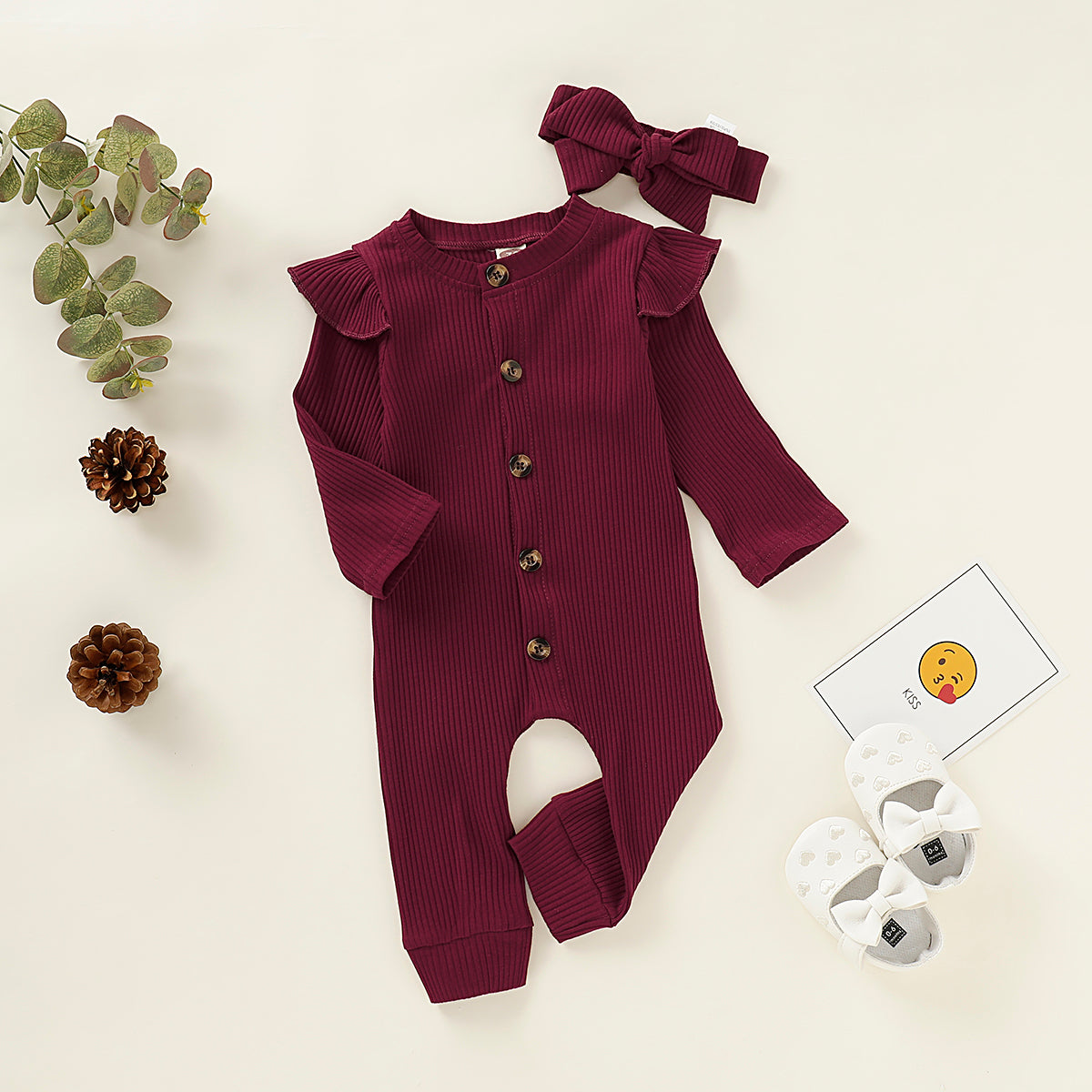 Baby Girls Romper Jumpsuit Onesies Bodysuit Solid Color Long Sleeve Round Neck Romper Red MO197643-1