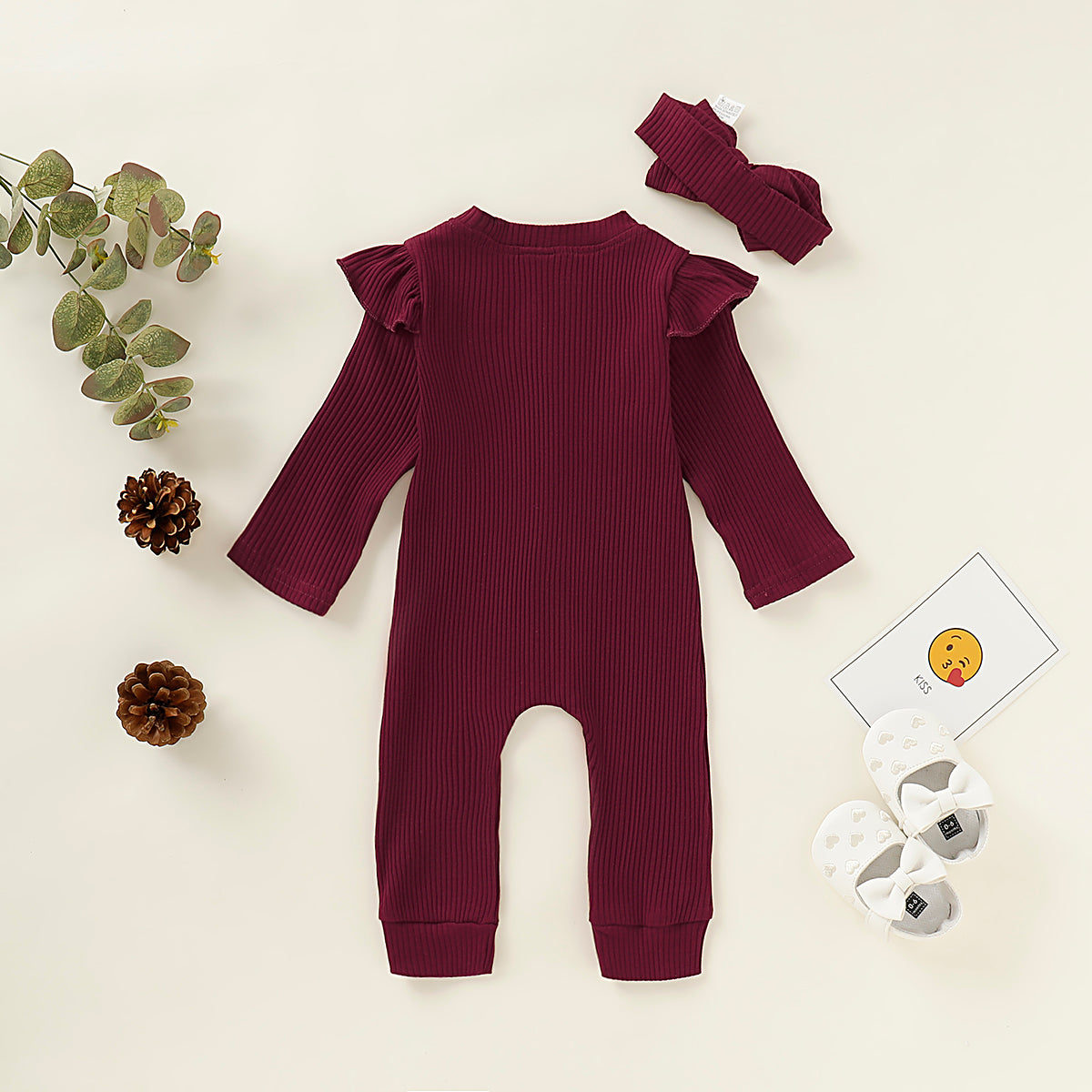 Baby Girls Romper Jumpsuit Onesies Bodysuit Solid Color Long Sleeve Round Neck Romper Red MO197643-1
