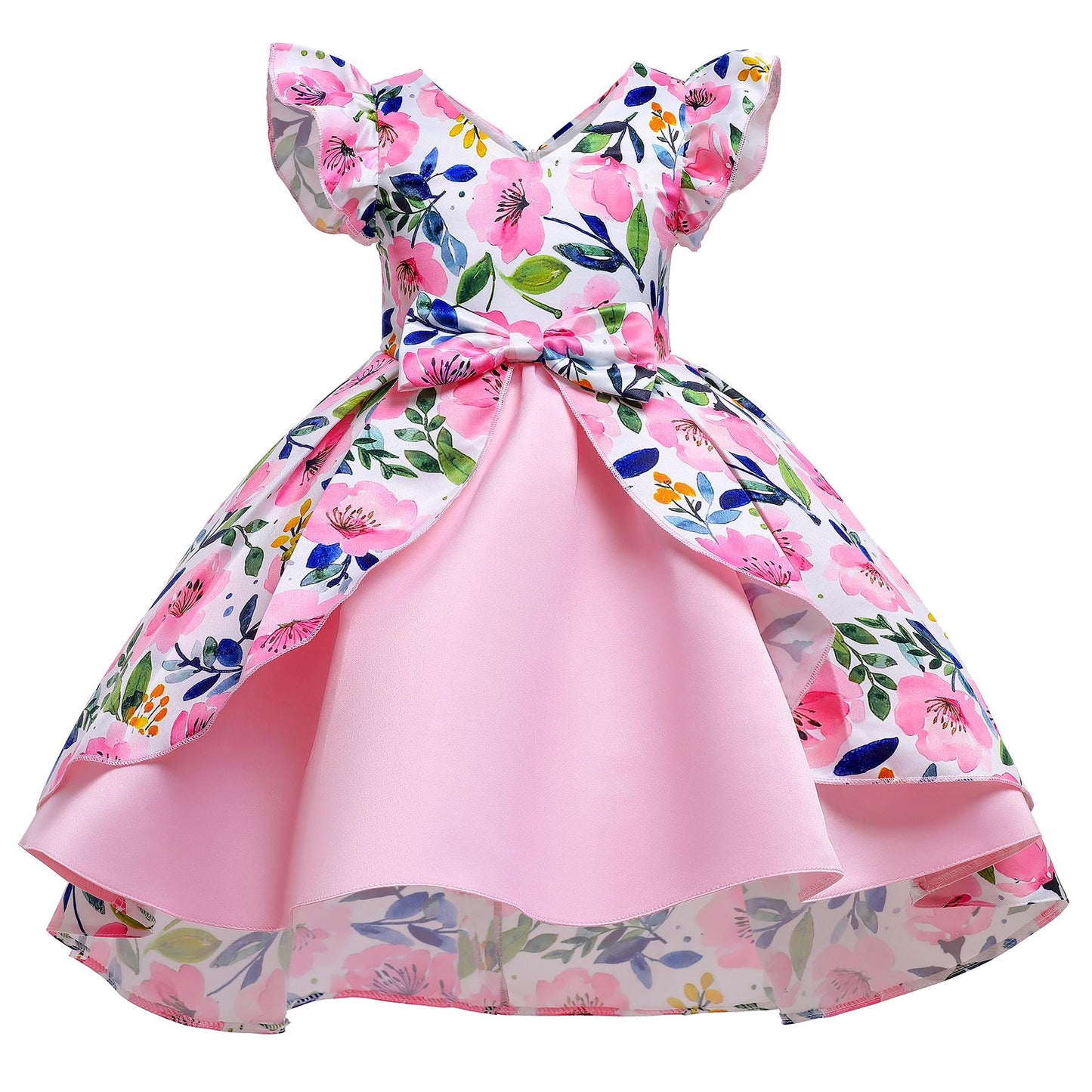 Girls Dress Pink Floral Print Children's Clothing Children's Dress Flying Sleeve Children's Princess Dress 8310