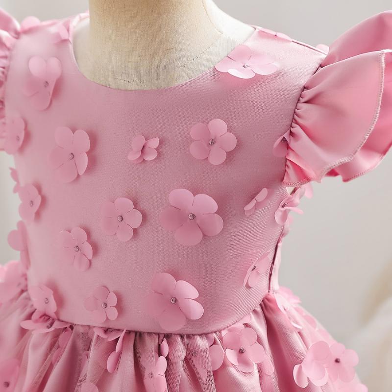 Baby Girls Princess Dress Embroidered Ruffle Sleeve Gazue Party One Piece Performance Dress Pink 2916
