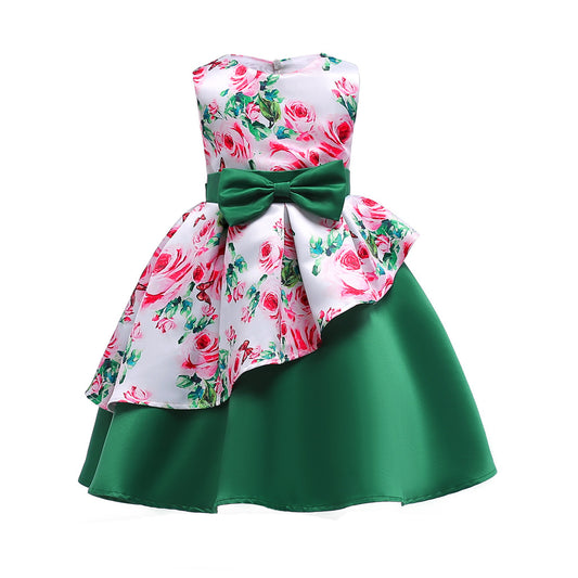 Baby Girls Princess Dress Floral Print Bow Sleeveless Round Neck Dress 1PCS Princess Dress 2586