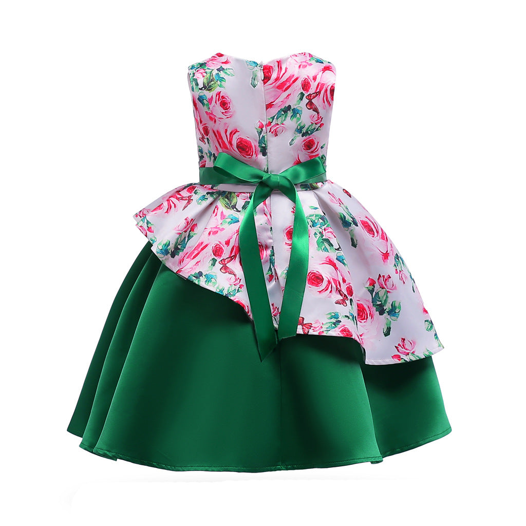 Baby Girls Princess Dress Floral Print Bow Sleeveless Round Neck Dress 1PCS Princess Dress 2586