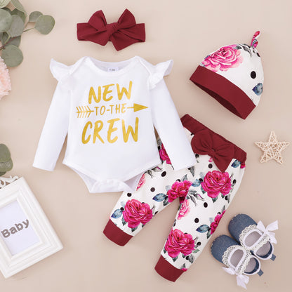 Baby Clothes Baby Romper Text And Rose Print Hoodie 4PCS Long Sleeve Trousers Suit Hat Included MO32107159