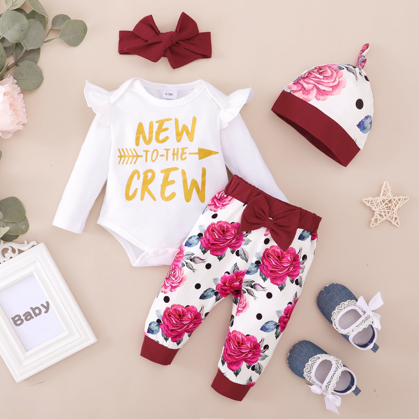 Baby Clothes Baby Romper Text And Rose Print Hoodie 4PCS Long Sleeve Trousers Suit Hat Included MO32107159