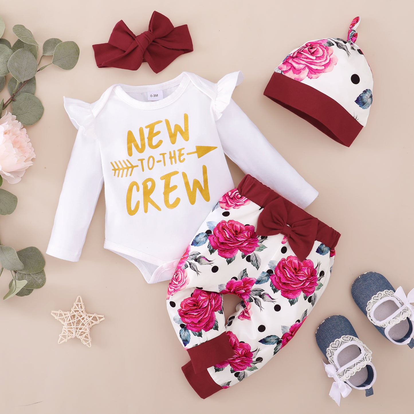 Baby Clothes Baby Romper Text And Rose Print Hoodie 4PCS Long Sleeve Trousers Suit Hat Included MO32107159
