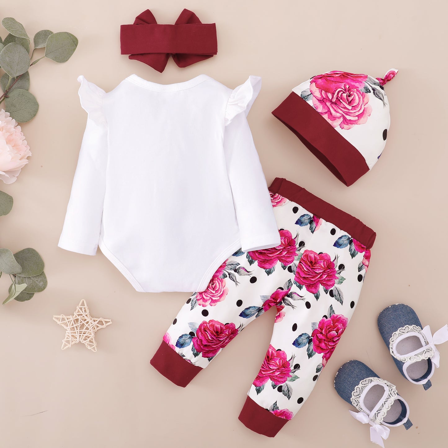 Baby Clothes Baby Romper Text And Rose Print Hoodie 4PCS Long Sleeve Trousers Suit Hat Included MO32107159