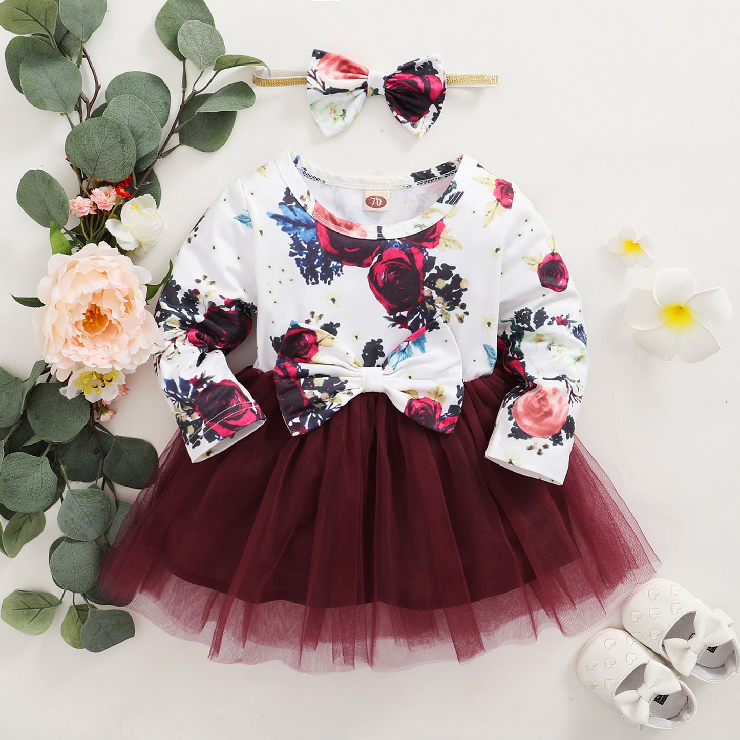 Baby Girls Outfits Floral Print Splice Gauze Dress Headband 2Pcs Clothes YMX2010254