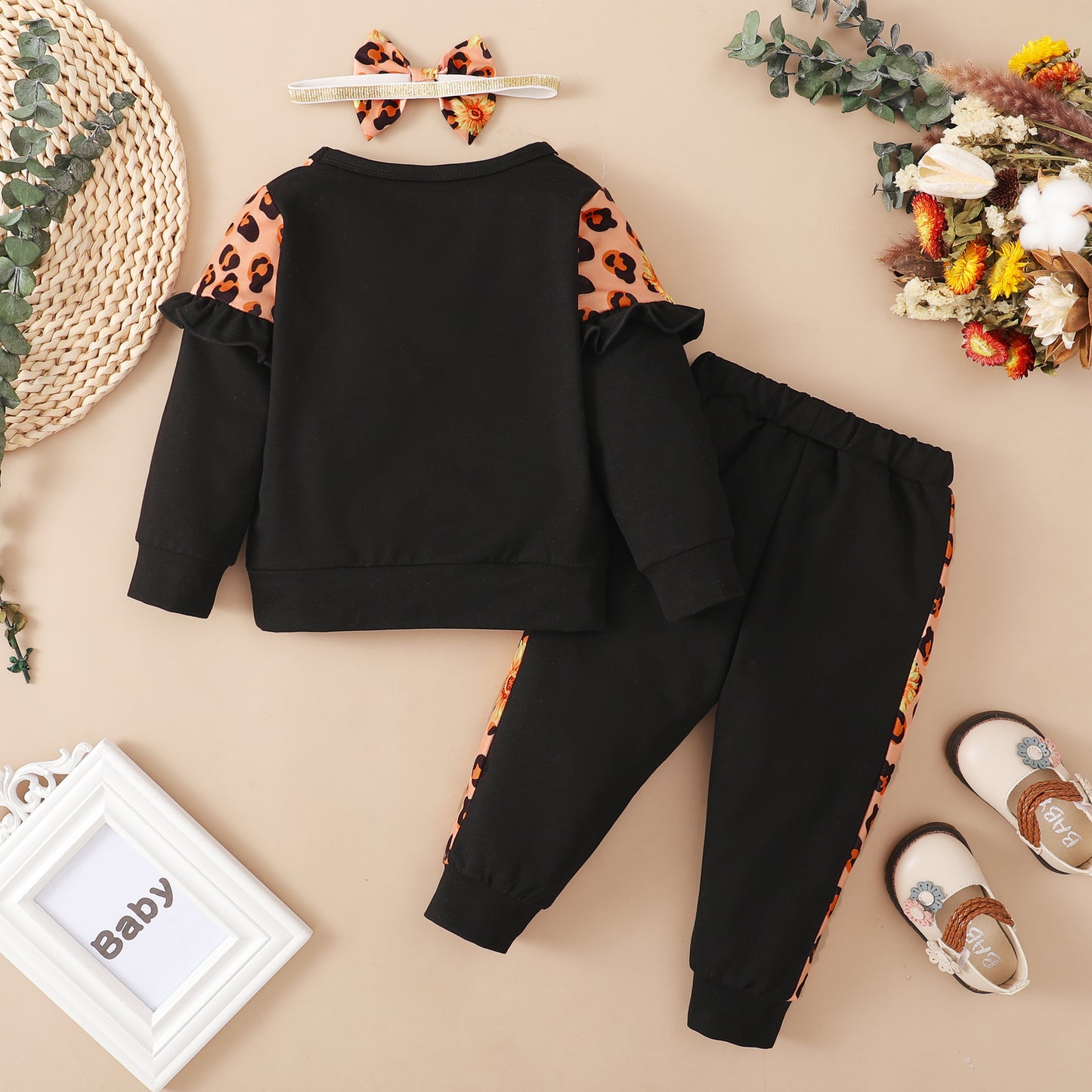 Baby Girls Outfits Long Sleeve Leopard Print Round Neck Top +Elastic Pants 2Pcs Clothes Set 32107161-1