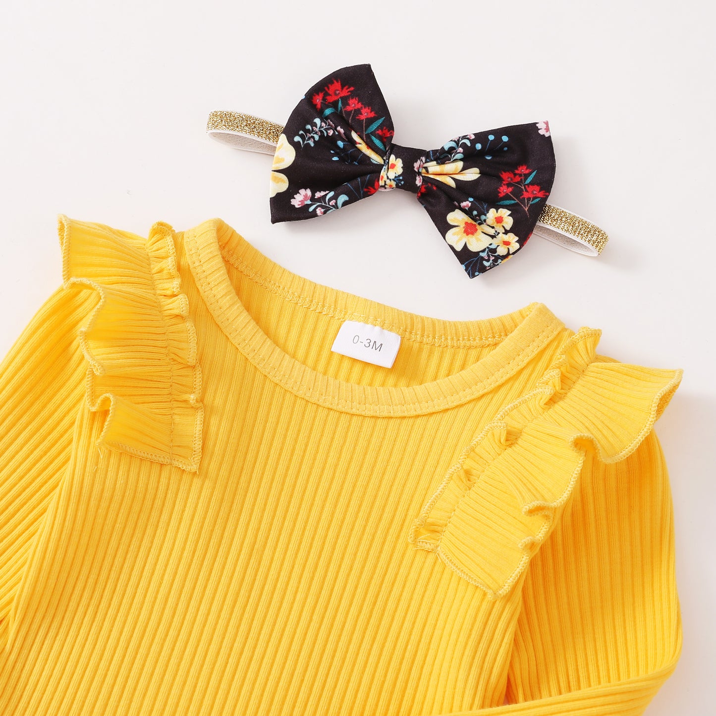 Baby Girls Outfits Solid Color Romper Top Sunflower Print Pants Headband 3Pcs Winter Clothes Set 32110704