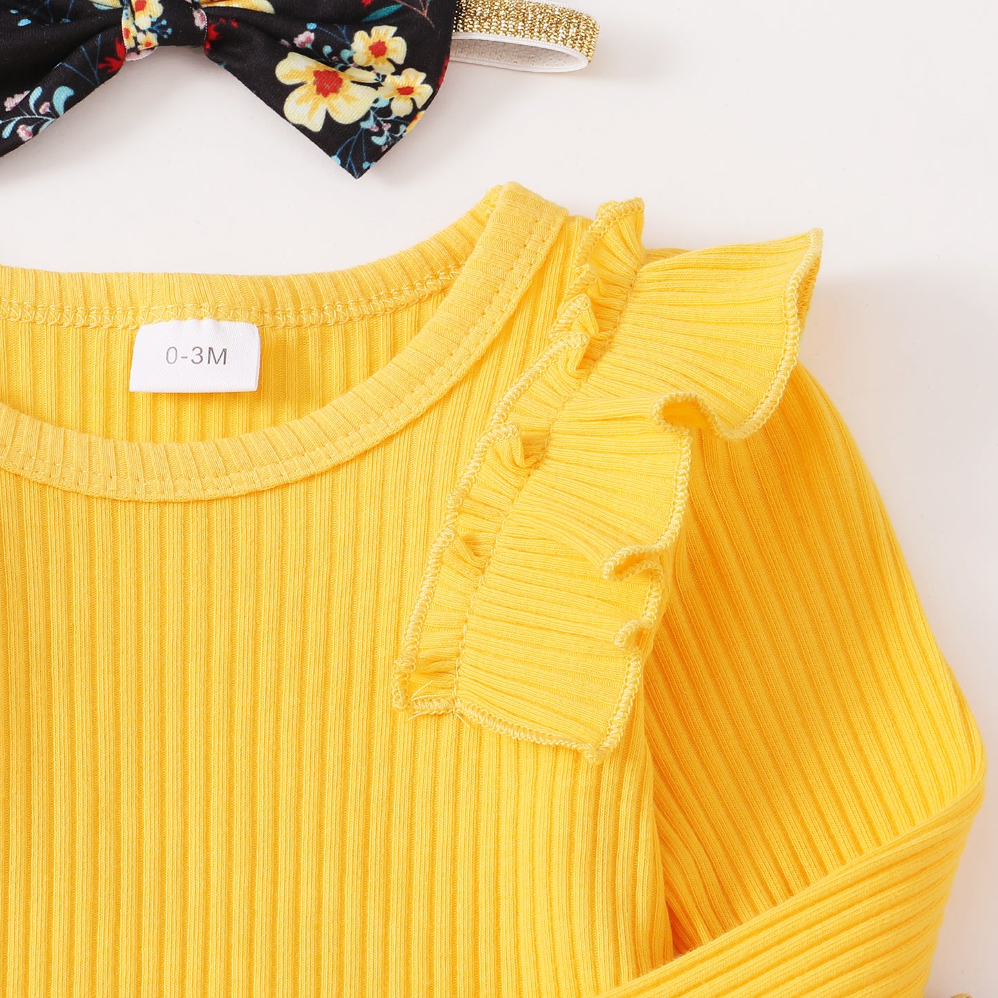 Baby Girls Outfits Solid Color Romper Top Sunflower Print Pants Headband 3Pcs Winter Clothes Set 32110704
