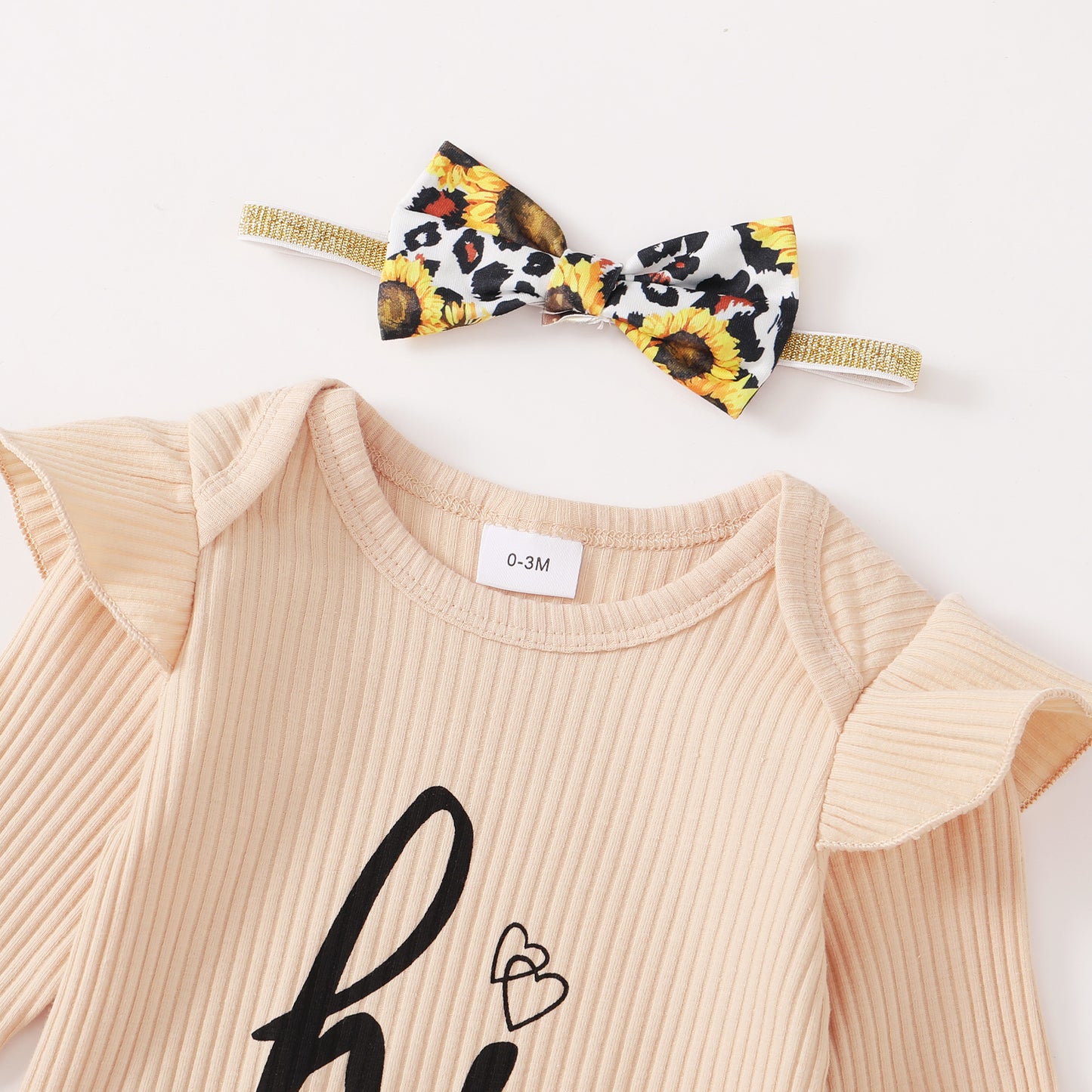 Baby Girls Outfits Solid Color Romper Top Sunflower Print Pants Headband 3Pcs Winter Clothes Set F132111601
