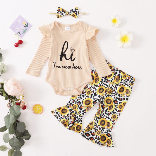 Baby Girls Outfits Khaki Color Romper Top Sunflower Print Pants Headband 3Pcs Winter Clothes Set DU32106022