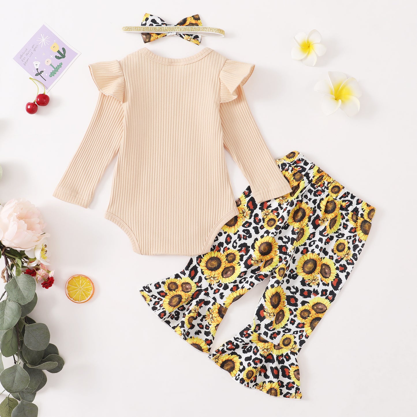 Baby Girls Outfits Khaki Color Romper Top Sunflower Print Pants Headband 3Pcs Winter Clothes Set DU32106022
