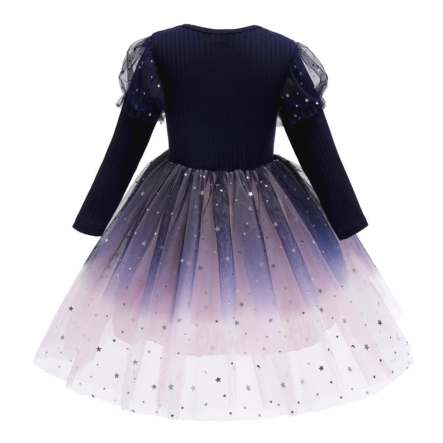 Little Girls Princess Dress Star Print Sequins Gauze Baby Girls Puffy Dress 1PCS Princess Dress Blue C861