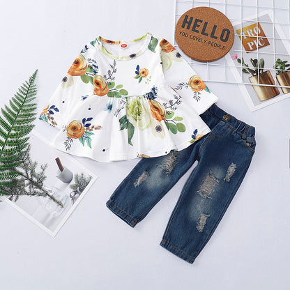 Baby Girls Outfits Floral Print Long Sleeve Round Neck Top+Ripped Jeans Pants 2Pcs Clothes Set White 197279