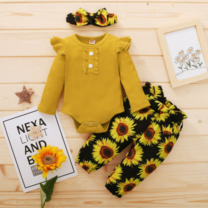 Baby Girls Outfits Solid Color Romper Top Sunflower Print Pants Headband 3Pcs Winter Clothes Set YMX2009208