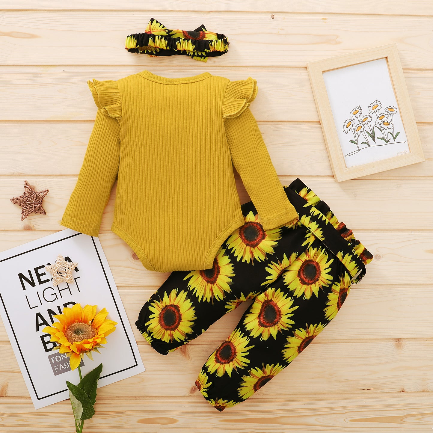 Baby Girls Outfits Solid Color Romper Top Sunflower Print Pants Headband 3Pcs Winter Clothes Set YMX2009208