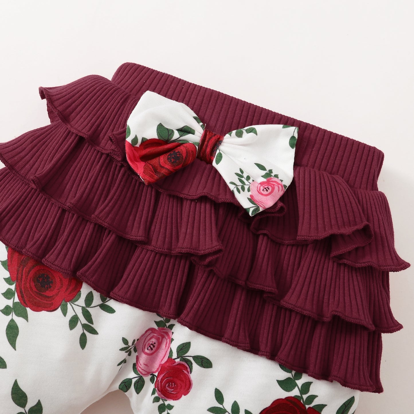 Baby Girls Outfits Red Color Romper Top Rose Print Pants Headband 4Pcs Winter Clothes Set KM32107017