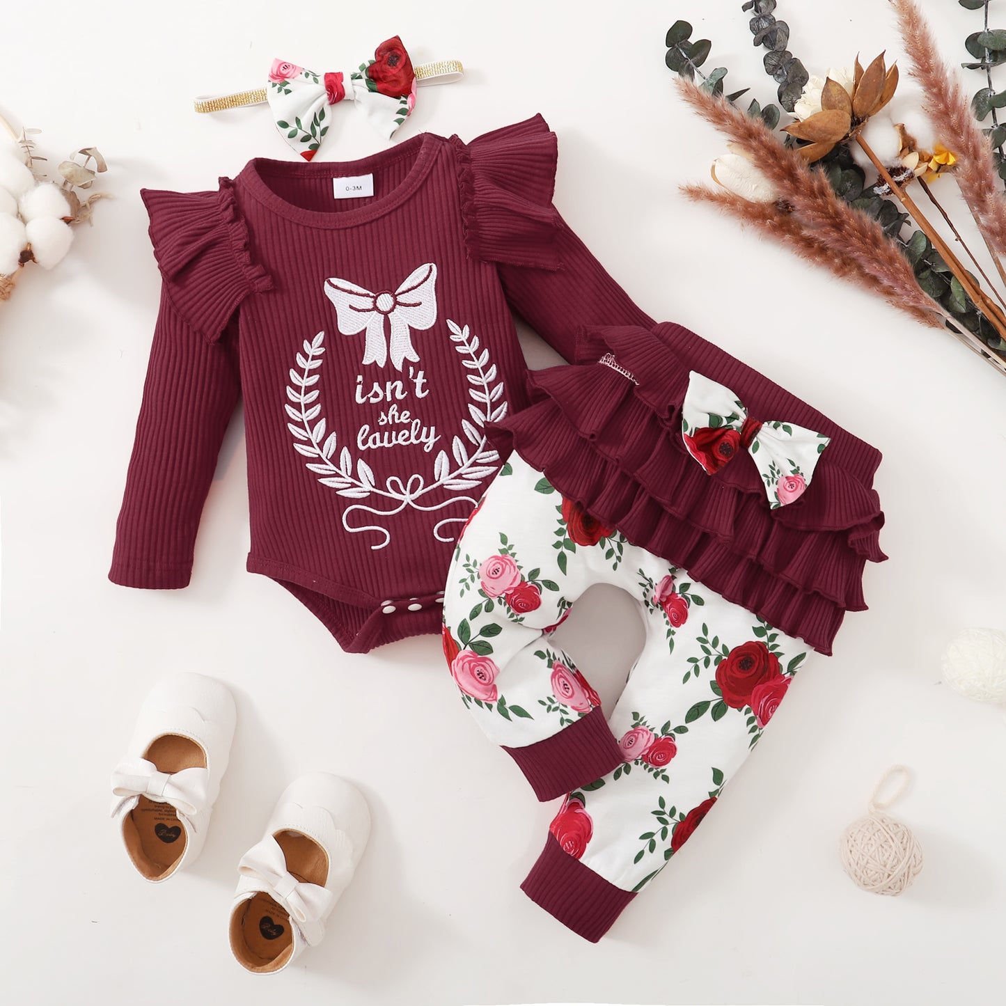 Baby Girls Outfits Red Color Romper Top Rose Print Pants Headband 4Pcs Winter Clothes Set KM32107017