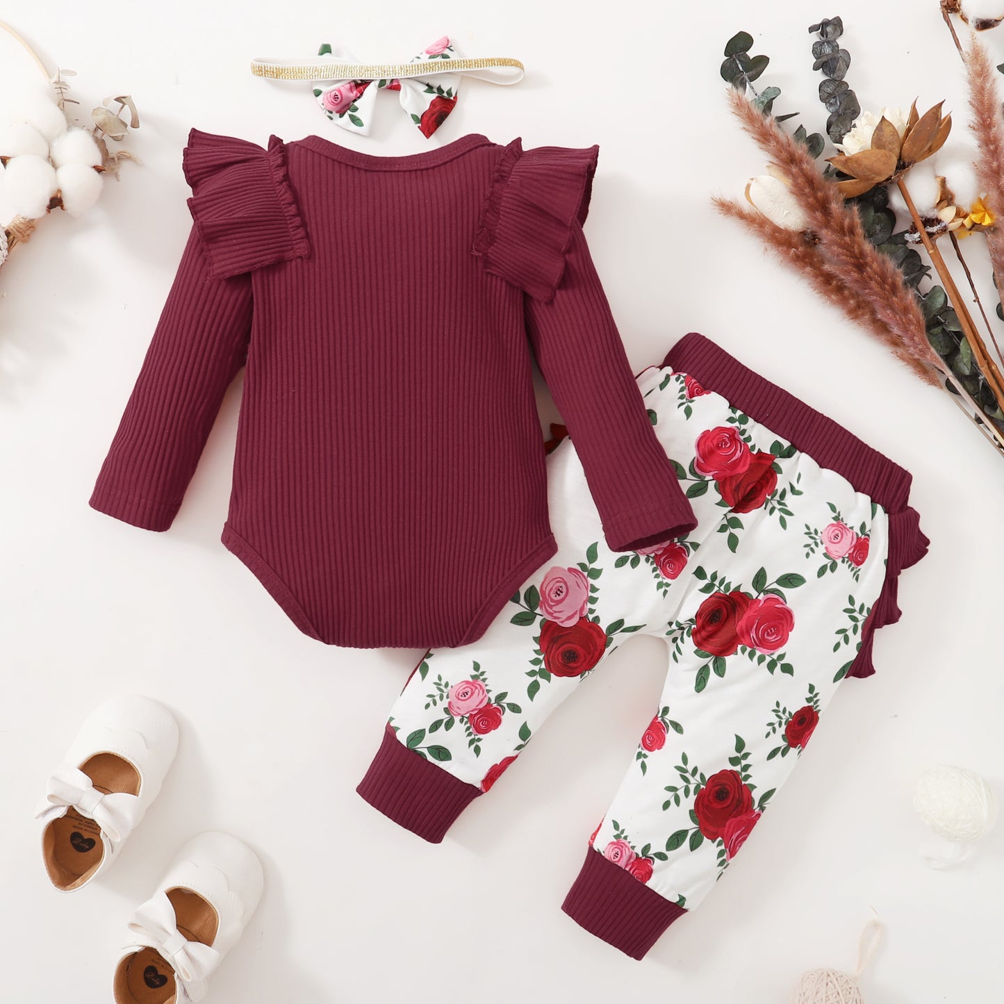 Baby Girls Outfits Red Color Romper Top Rose Print Pants Headband 4Pcs Winter Clothes Set KM32107017