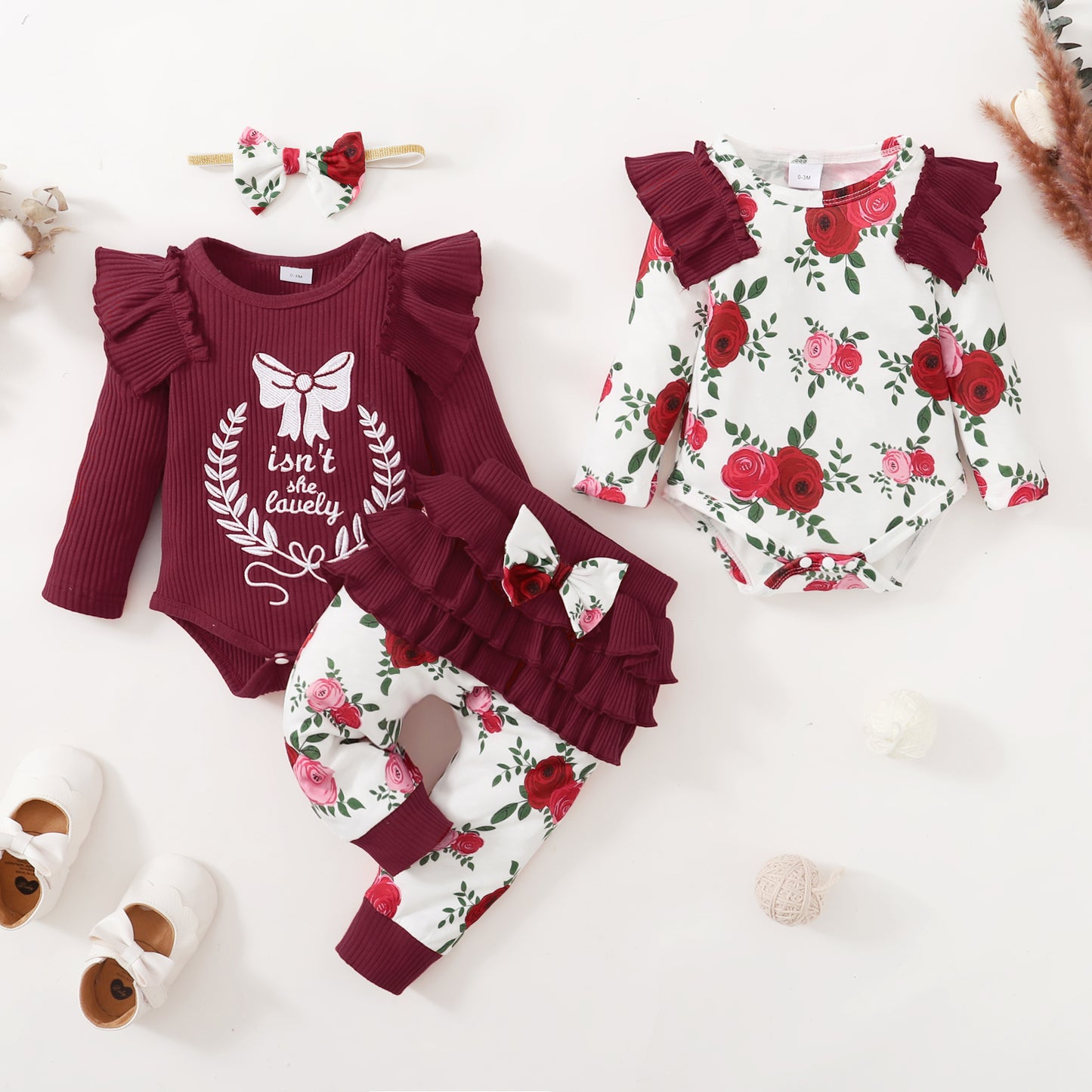 Baby Girls Outfits Red Color Romper Top Rose Print Pants Headband 4Pcs Winter Clothes Set KM32107017