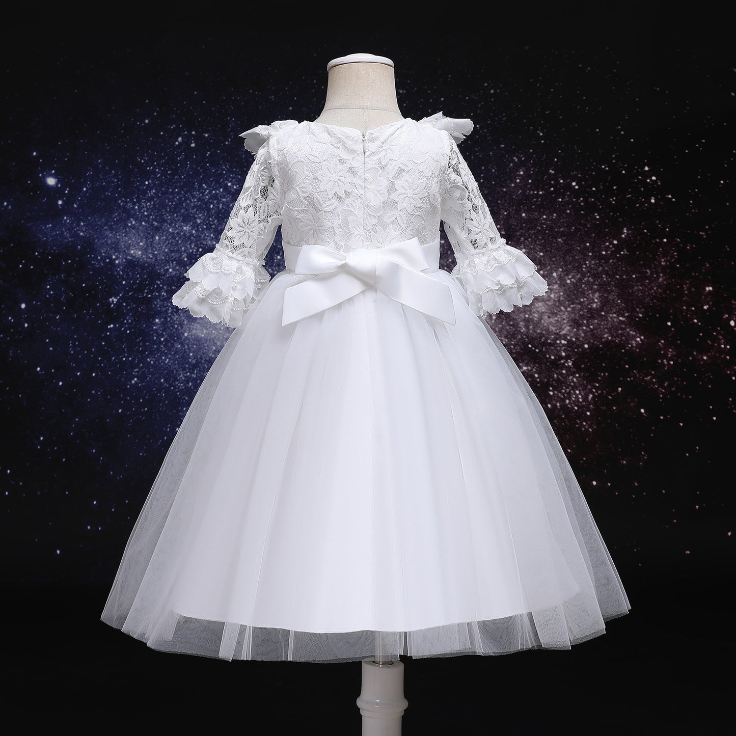 Baby Girls Princess Dress Lace Long Sleeve Snow White One Piece White C666