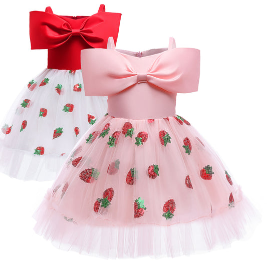 Princess Dress For Girls Strawberry Print Off The Shoulder Gauze Dress Princess One Piece Party Dress ZT-8275