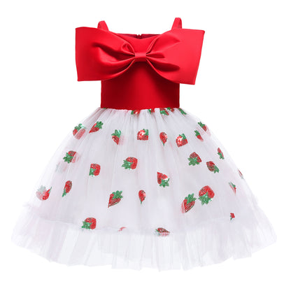 Princess Dress For Girls Strawberry Print Off The Shoulder Gauze Dress Princess One Piece Party Dress ZT-8275