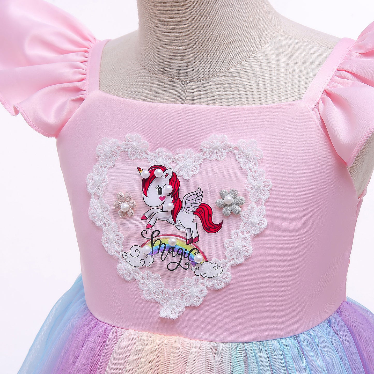 Princess Dress For Unicorn Print Gauze Sleeveless Square Neck Dress Princess One Piece Party Dress ,Pink S840