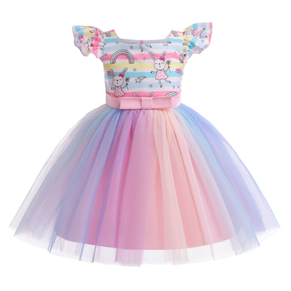Kids Fashion Princess Dress For Toddler Girls Rainbow Rabbit Gauze Dress One Piece Party Dress ZT-S852