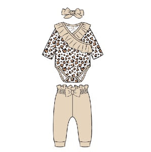 Baby Girls Outfits Solid Color Romper Top Leopard Print Pants Headband 3Pcs Winter Clothes Set 32108165-1