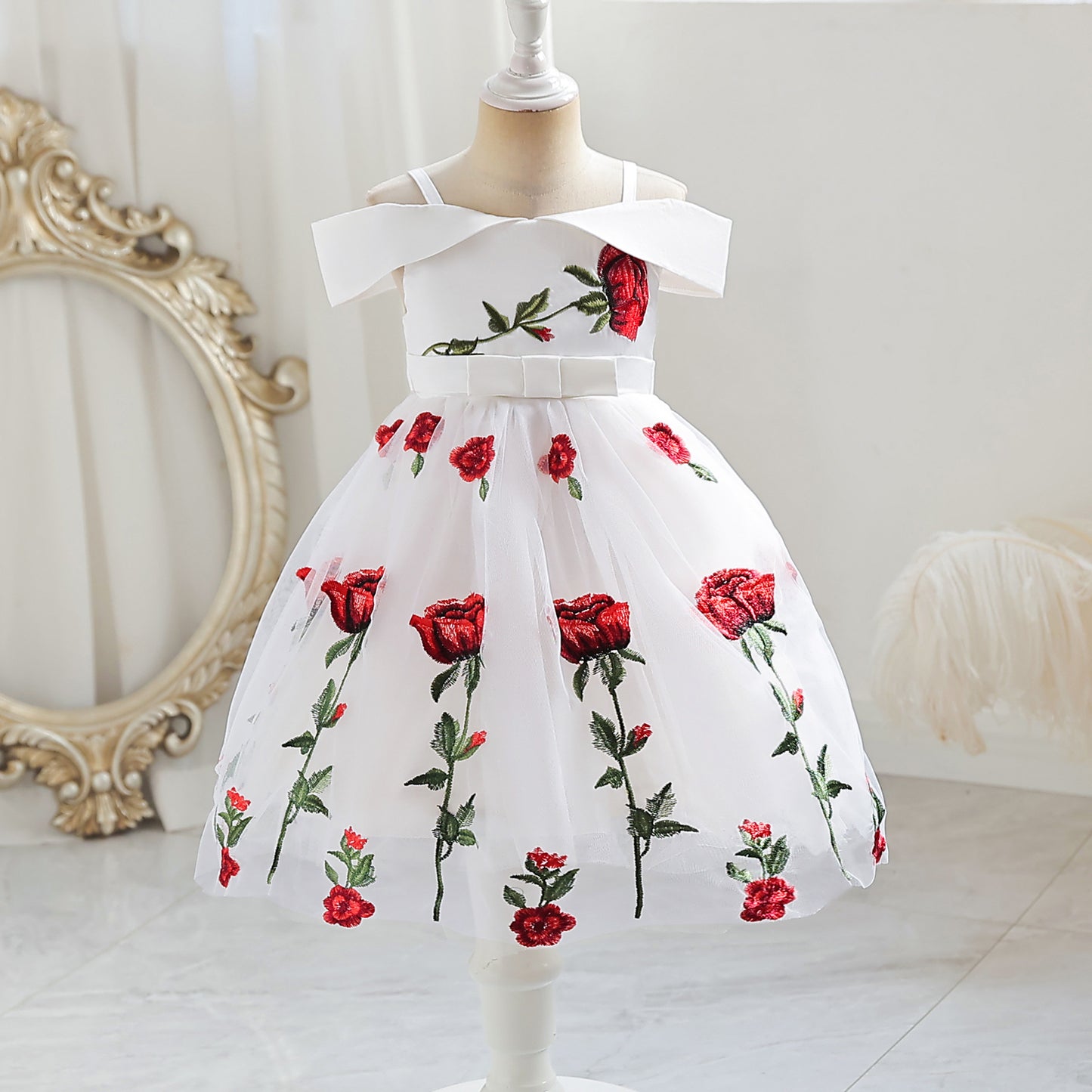 Kids Fashion Girls Princess Dress Off The Shoulder Rose Print Dress One Piece Performance Dress ZT-2910