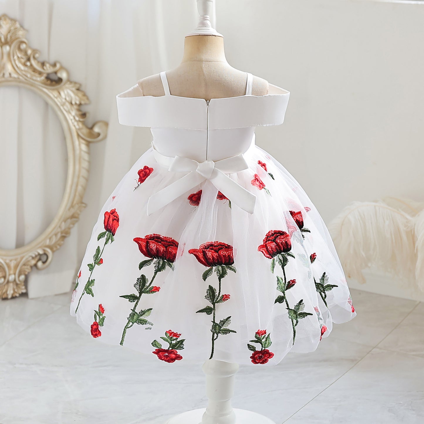 Kids Fashion Girls Princess Dress Off The Shoulder Rose Print Dress One Piece Performance Dress ZT-2910