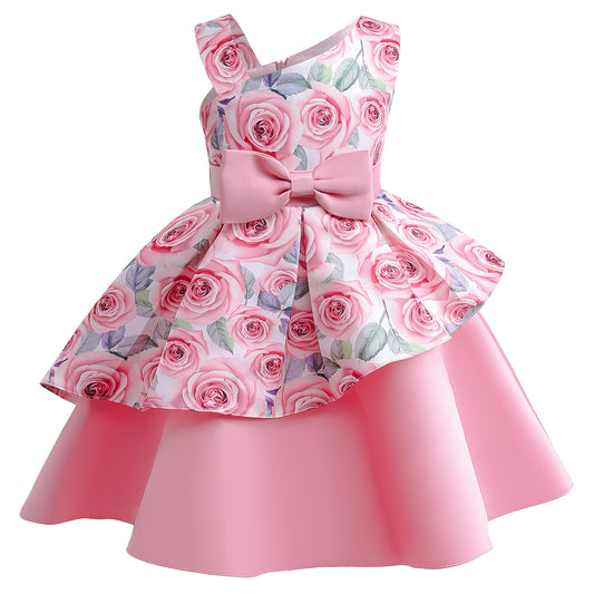 Baby Girls Princess Dress Floral Bow Sloping Shoulder Summer Performance Dress One Piece Party Dress ZT-8576