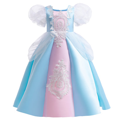 Toddler Baby Girls Princess Dress Bubble Sleeve Round Neck Embroidery Dress 1PCS Princess Dress Blue Z838