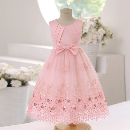 Toddler Baby Girls Princess Dress Floral Embroidery Gauze Sleeveless Round Neck Bow Dress 1PCS Princess Dress 2799