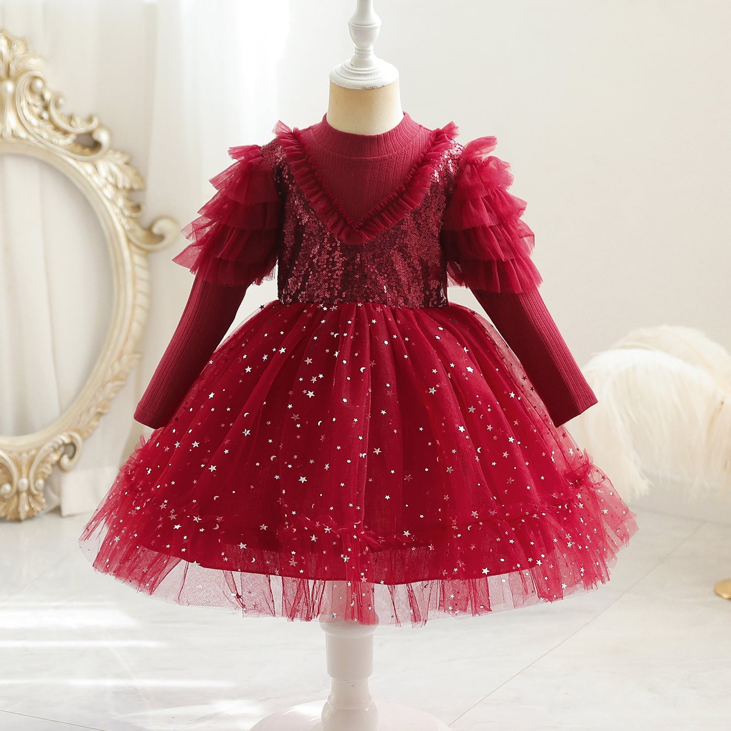 Toddler Baby Girls Princess Dress Star Print Sequins long Sleeve Round Neck Gauze Dress 1PCS Princess Dress Red C888