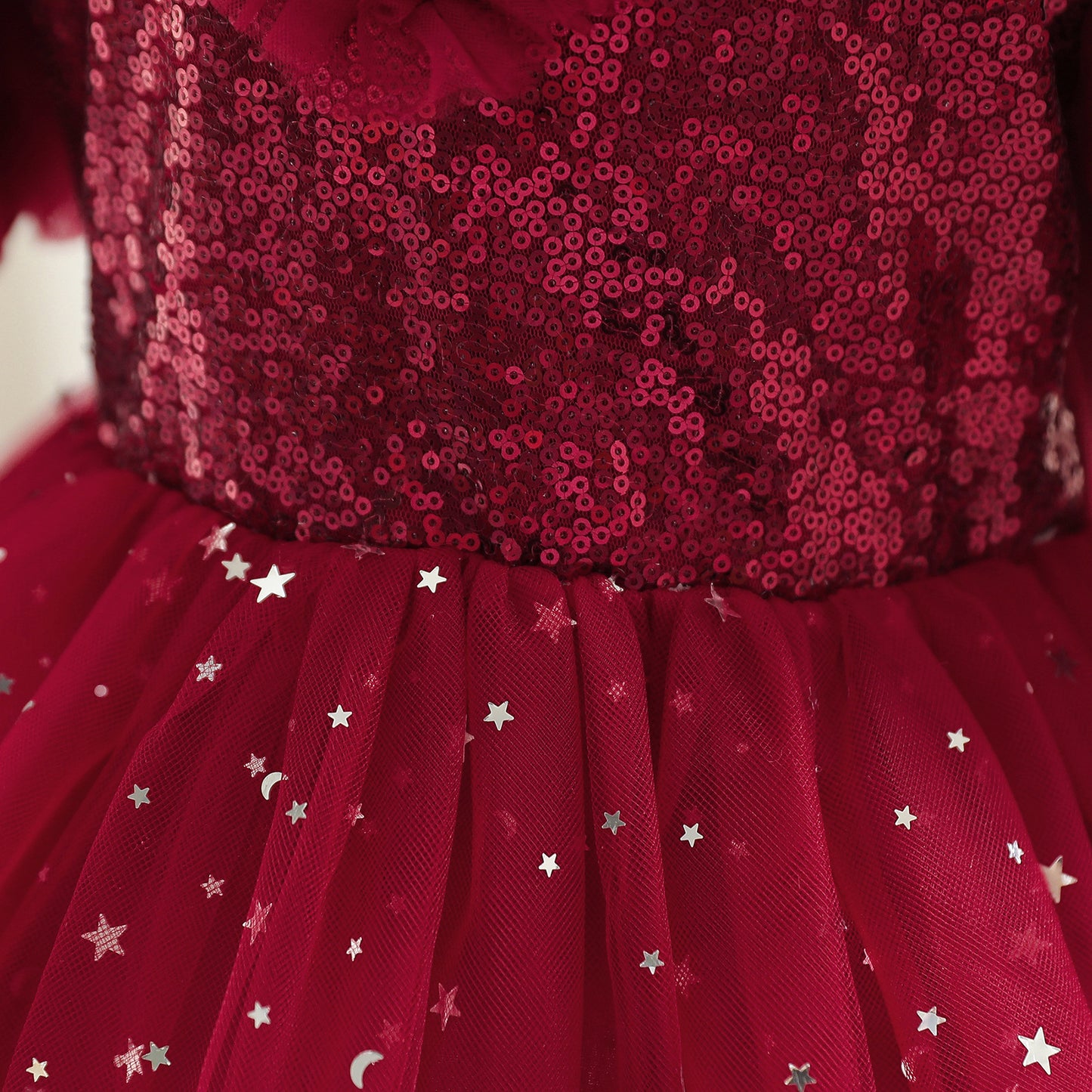 Toddler Baby Girls Princess Dress Star Print Sequins long Sleeve Round Neck Gauze Dress 1PCS Princess Dress Red C888