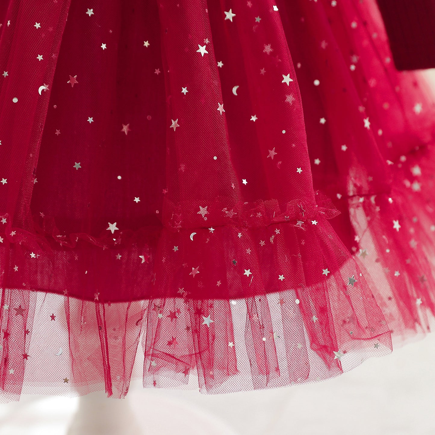 Toddler Baby Girls Princess Dress Star Print Sequins long Sleeve Round Neck Gauze Dress 1PCS Princess Dress Red C888